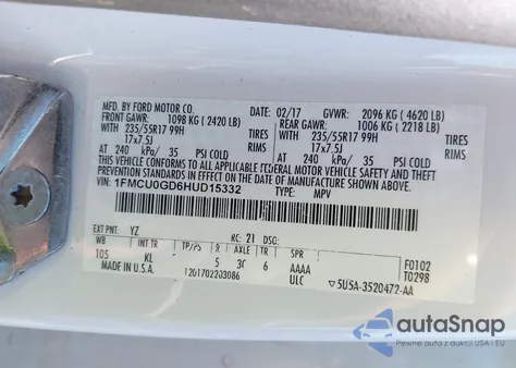 2017 Ford Escape Se from USA, damaged, VIN 1FMCU0GD6HUD15332